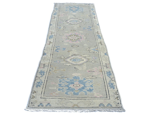 8 Ft Silver Gray Oushak Turkish Hand Knotted Traditional Soft Wool Runner Rug