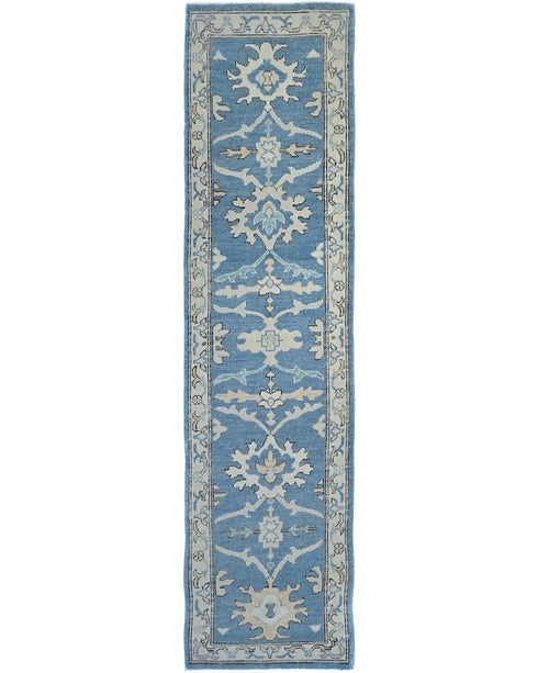 10 Ft Blue Oushak Turkish Hand Knotted Traditional Soft Wool Runner Rug