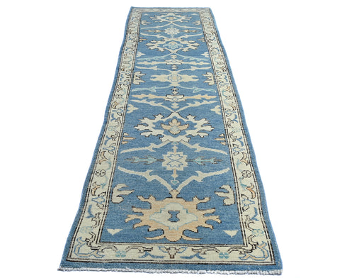 10 Ft Blue Oushak Turkish Hand Knotted Traditional Soft Wool Runner Rug