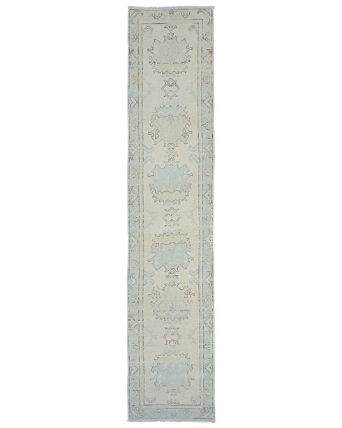 12 Ft Beige Blue Oushak Turkish Handmade Traditional Soft Wool Runner Rug