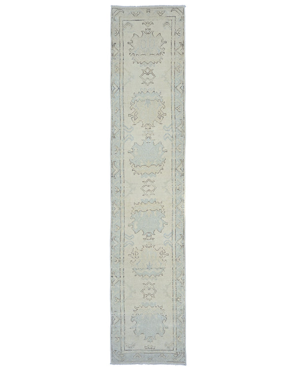 12 Ft Beige Blue Oushak Turkish Handmade Traditional Soft Wool Runner Rug
