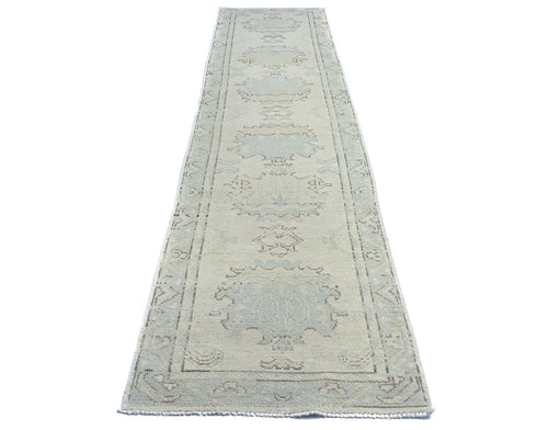12 Ft Beige Blue Oushak Turkish Handmade Traditional Soft Wool Runner Rug