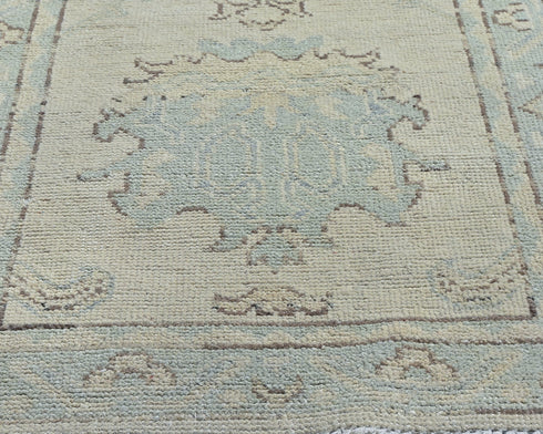 12 Ft Beige Blue Oushak Turkish Handmade Traditional Soft Wool Runner Rug