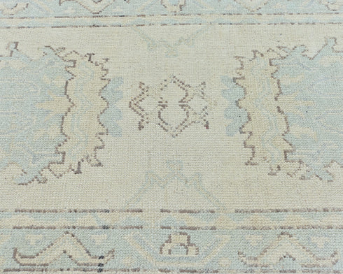 12 Ft Beige Blue Oushak Turkish Handmade Traditional Soft Wool Runner Rug