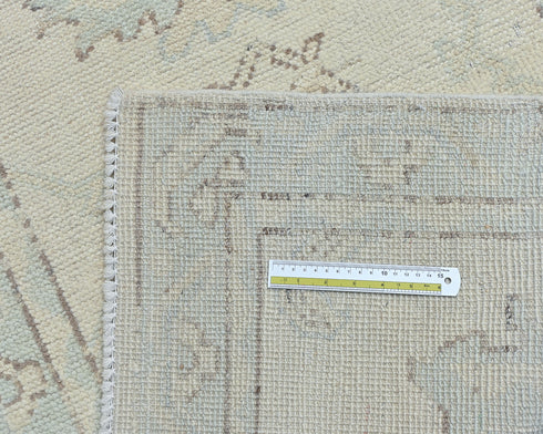 12 Ft Beige Blue Oushak Turkish Handmade Traditional Soft Wool Runner Rug