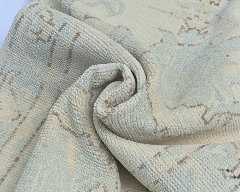 12 Ft Beige Blue Oushak Turkish Handmade Traditional Soft Wool Runner Rug