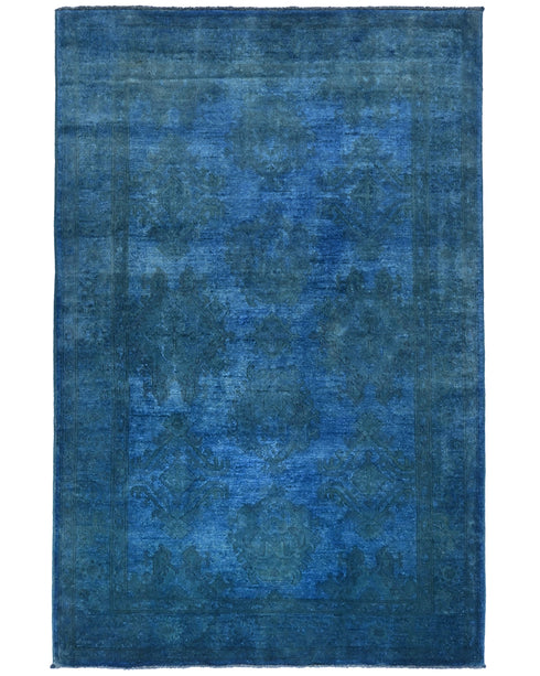Blue 4x6 Over Dye Chobi Afghan Hand Knotted Floral Wool Area Rug