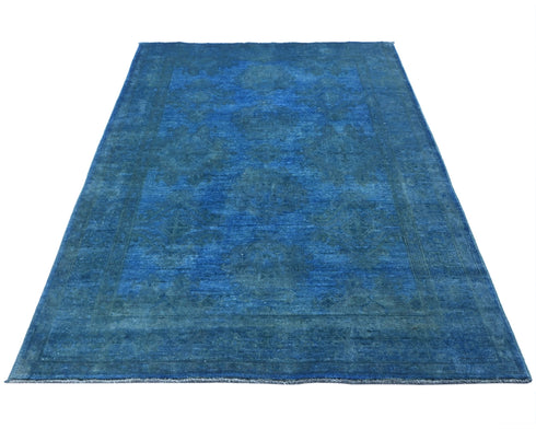 Blue 4x6 Over Dye Chobi Afghan Hand Knotted Floral Wool Area Rug