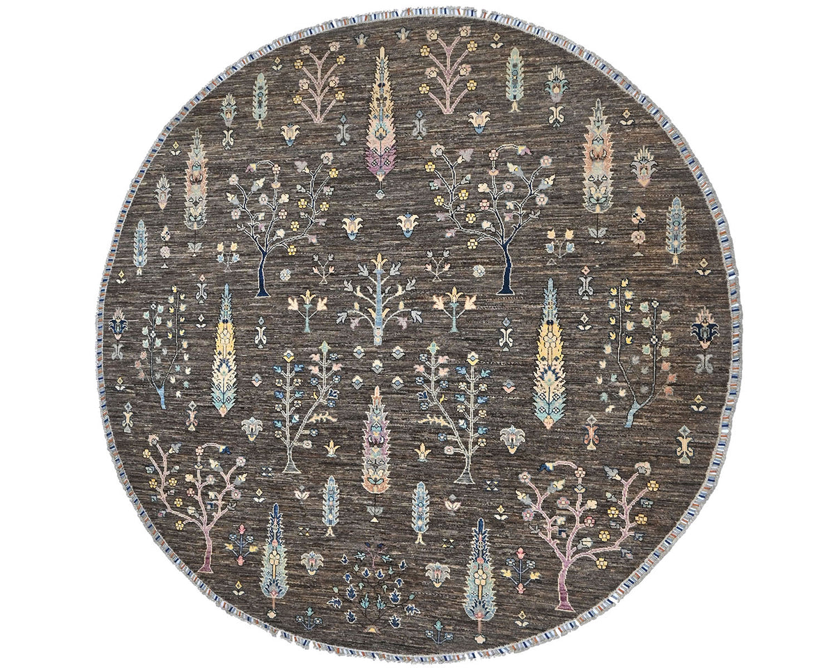 Alfombra redonda de lana anudada a mano, color marrón y gris Khurgeen, de 8 x 8 pulgadas