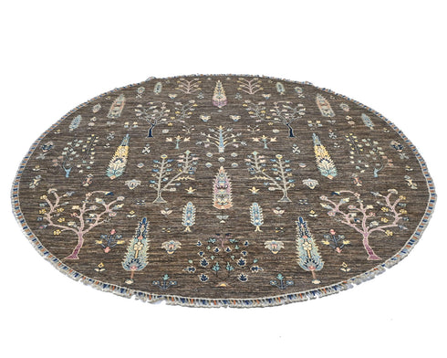 8x8 Brown Gray Khurgeen Afghan Hand Knotted Round Wool Area Rug