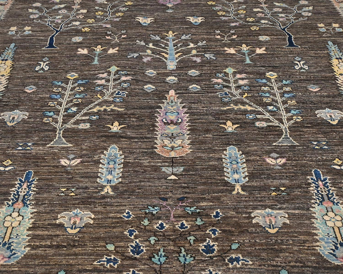 Alfombra redonda de lana anudada a mano, color marrón y gris Khurgeen, de 8 x 8 pulgadas