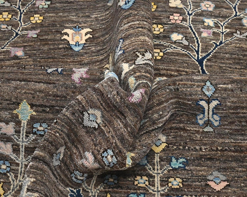 8x8 Brown Gray Khurgeen Afghan Hand Knotted Round Wool Area Rug