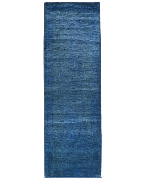 8 Ft Blue Over Dye Chobi Afghan Hand Knotted Traditional Wool Runner Rug