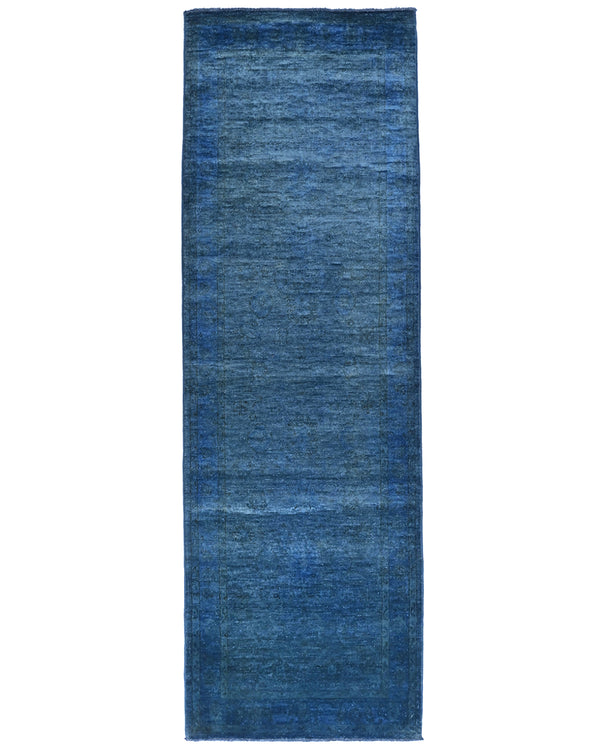8 Ft Blue Over Dye Chobi Afghan Hand Knotted Traditional Wool Runner Rug