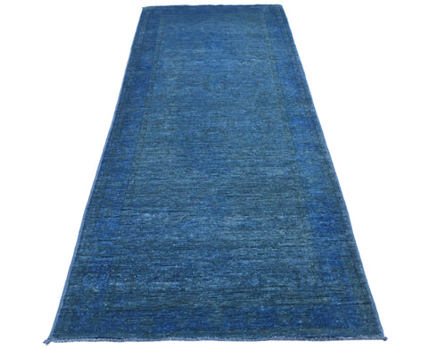 8 Ft Blue Over Dye Chobi Afghan Hand Knotted Traditional Wool Runner Rug