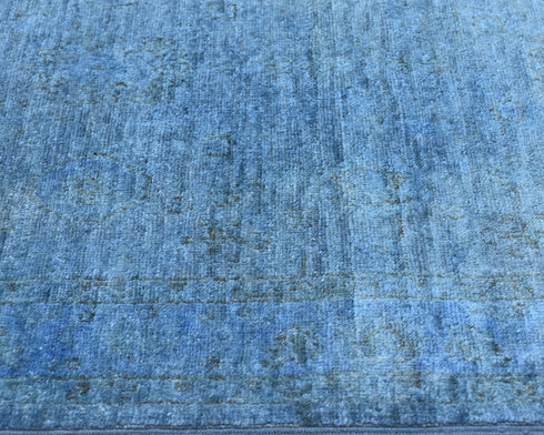 8 Ft Blue Over Dye Chobi Afghan Hand Knotted Traditional Wool Runner Rug