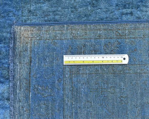 8 Ft Blue Over Dye Chobi Afghan Hand Knotted Traditional Wool Runner Rug