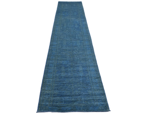14 Ft Blue Over Dye Chobi Afghan Hand Knotted Wool Runner Rug