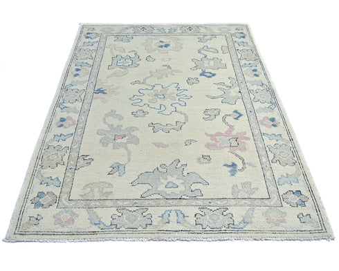 Beige 4x6 Ft Oushak Turkish Hand Knotted Traditional Veg Dye Wool Area Rug
