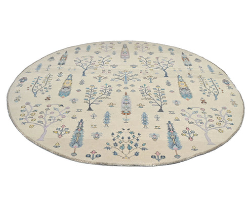 8x8 Beige Khurgeen Afghan Hand Knotted Round Wool Area Rug