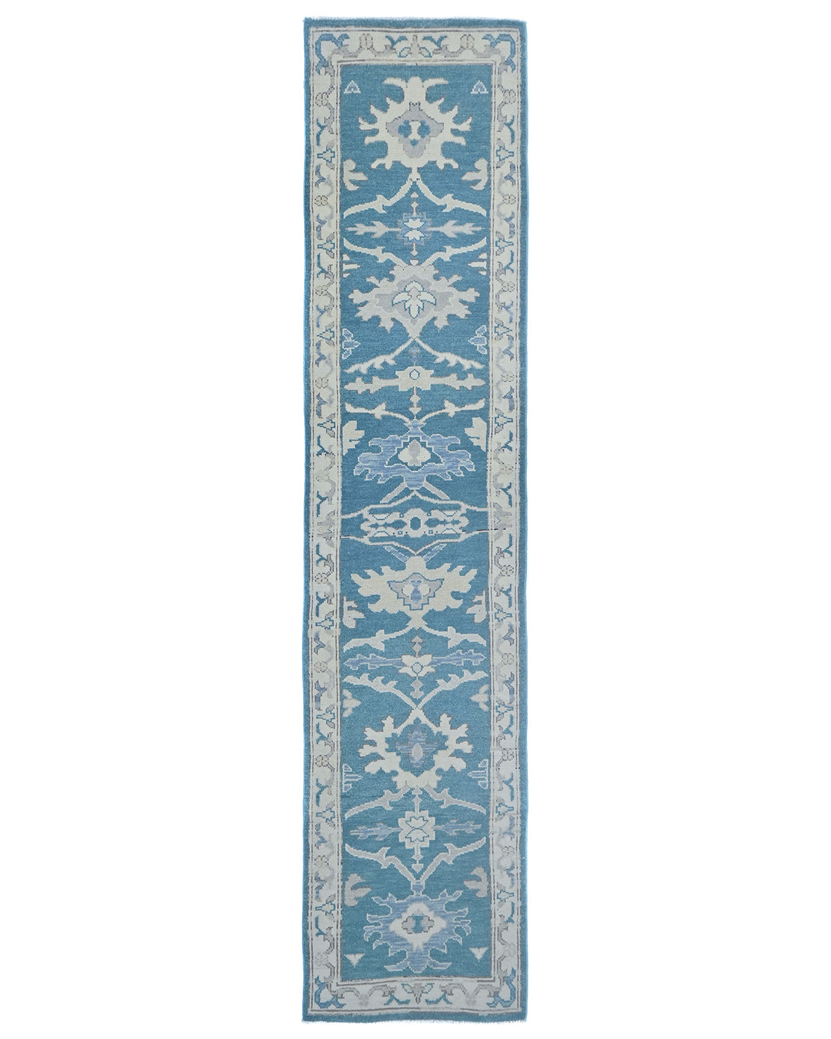 11 Ft Blue Oushak Turkish Hand Knotted Traditional Soft Wool Runner Rug