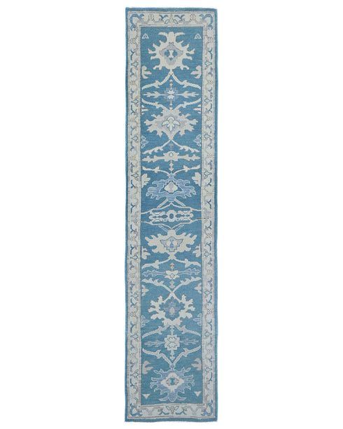 11 Ft Blue Oushak Turkish Hand Knotted Traditional Soft Wool Runner Rug