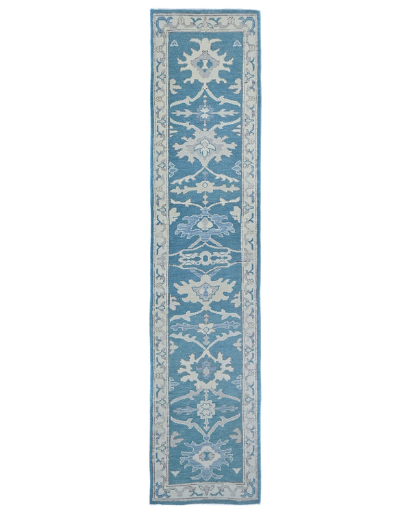 11 Ft Blue Oushak Turkish Hand Knotted Traditional Soft Wool Runner Rug