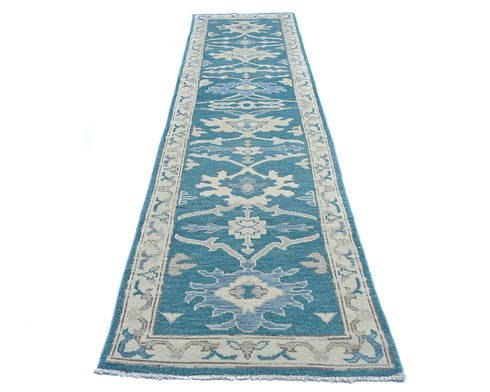 11 Ft Blue Oushak Turkish Hand Knotted Traditional Soft Wool Runner Rug