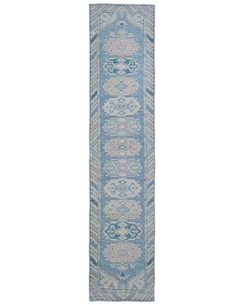 12 Ft Blue Oushak Turkish Handmade Traditional Soft Wool Runner Rug