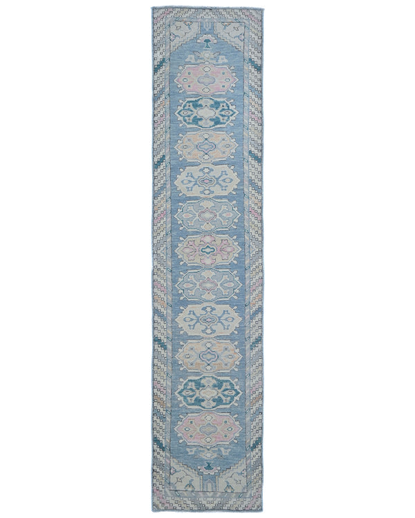 12 Ft Blue Oushak Turkish Handmade Traditional Soft Wool Runner Rug