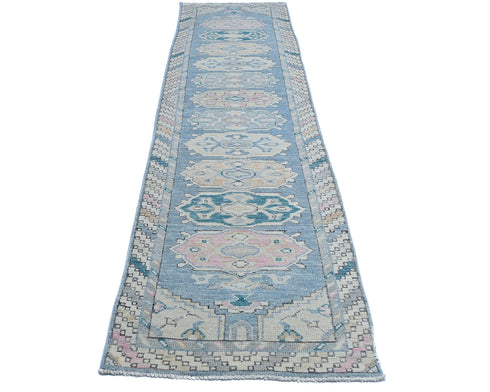 12 Ft Blue Oushak Turkish Handmade Traditional Soft Wool Runner Rug