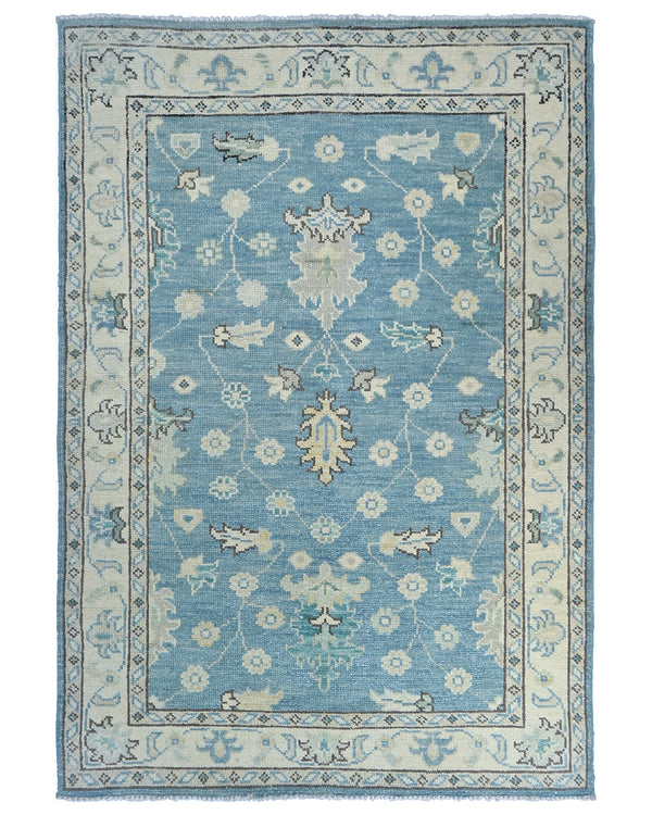 Blue 4x6 Ft Oushak Turkish Handmade Floral Traditional Veg Dye Wool Rug