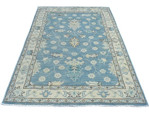 Blue 4x6 Ft Oushak Turkish Handmade Floral Traditional Veg Dye Wool Rug