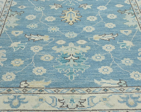 Blue 4x6 Ft Oushak Turkish Handmade Floral Traditional Veg Dye Wool Rug