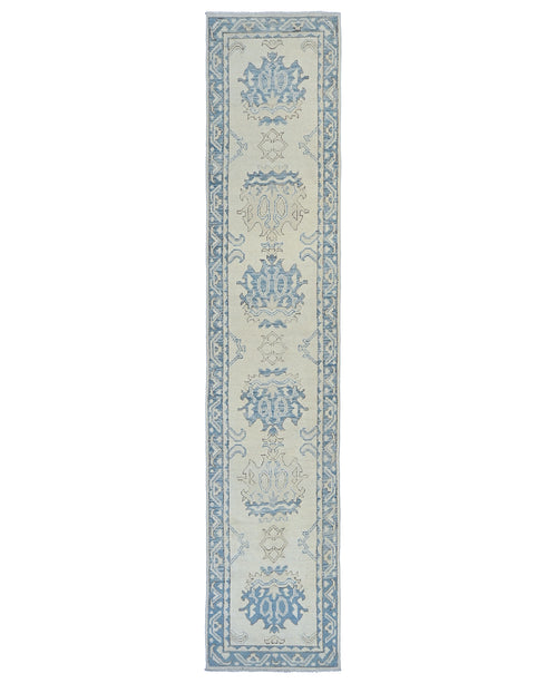 13 Ft Beige Blue Oushak Turkish Handwoven Traditional Soft Wool Runner Rug