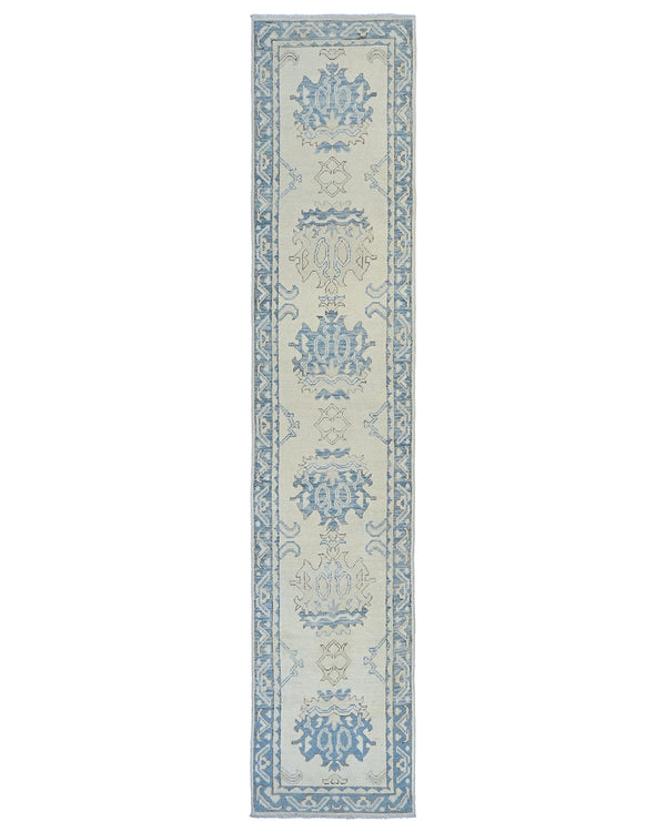13 Ft Beige Blue Oushak Turkish Handwoven Traditional Soft Wool Runner Rug