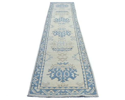 13 Ft Beige Blue Oushak Turkish Handwoven Traditional Soft Wool Runner Rug