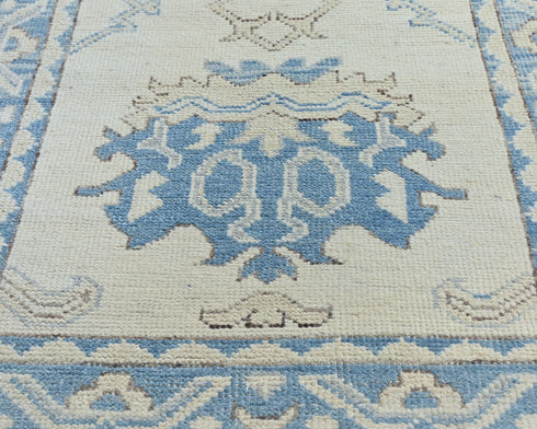 13 Ft Beige Blue Oushak Turkish Handwoven Traditional Soft Wool Runner Rug