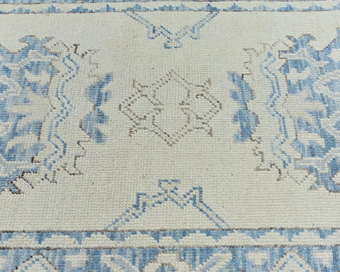 13 Ft Beige Blue Oushak Turkish Handwoven Traditional Soft Wool Runner Rug