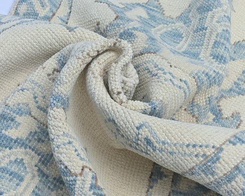 13 Ft Beige Blue Oushak Turkish Handwoven Traditional Soft Wool Runner Rug
