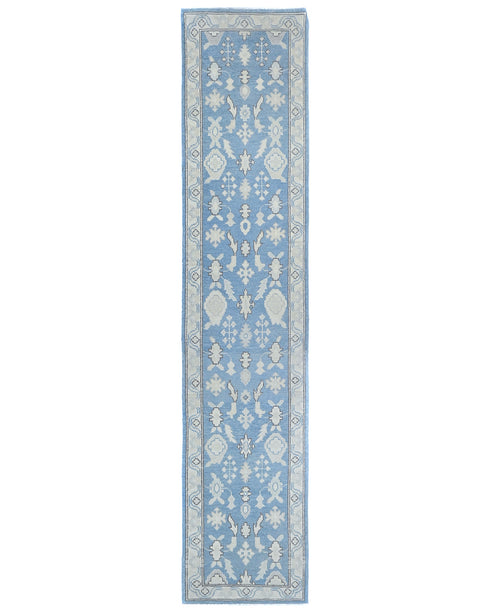 12 Feet Blue Oushak Turkish Hand Knotted Traditional Soft Wool Runner Rug