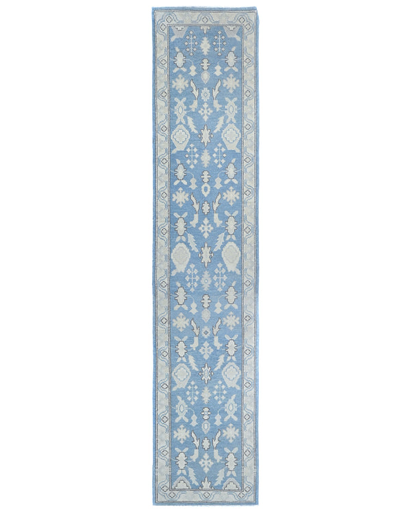 12 Feet Blue Oushak Turkish Hand Knotted Traditional Soft Wool Runner Rug