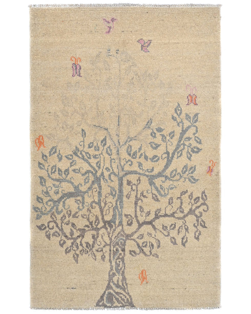 3x4 Beige Kuba Afghan Hand Knotted Wool Area Rug