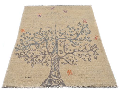 3x4 Beige Kuba Afghan Hand Knotted Wool Area Rug