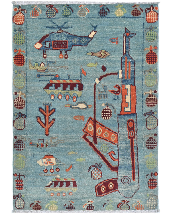 3x4 Blue Kuba Afghan Hand Knotted Wool Area Rug