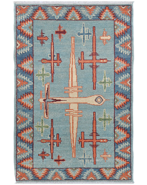 3x4 Blue Kuba Afghan Hand Knotted Wool Area Rug