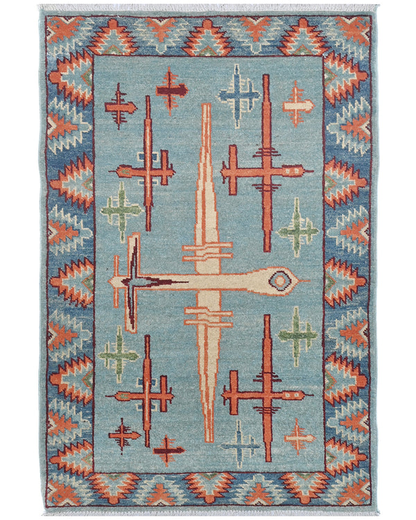 3x4 Blue Kuba Afghan Hand Knotted Wool Area Rug