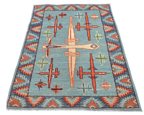 3x4 Blue Kuba Afghan Hand Knotted Wool Area Rug