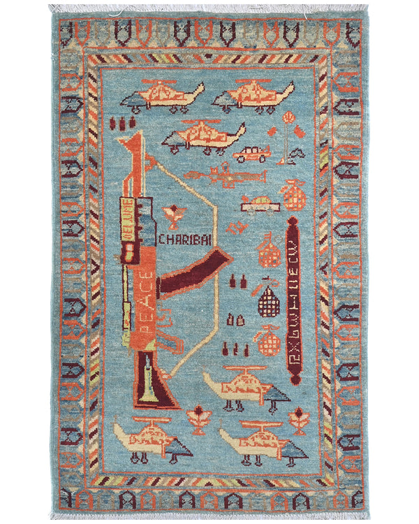 3x4 Blue Kuba Afghan Hand Knotted Wool Area Rug