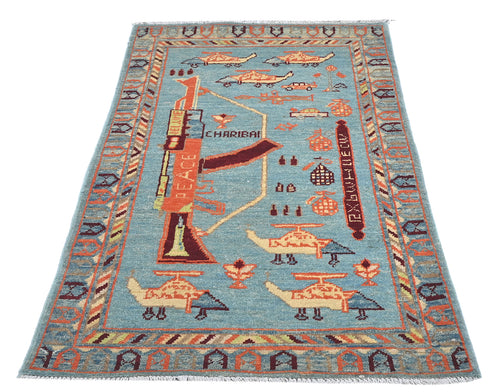 Alfombra afgana Kuba de lana azul de 3x4 anudada a mano